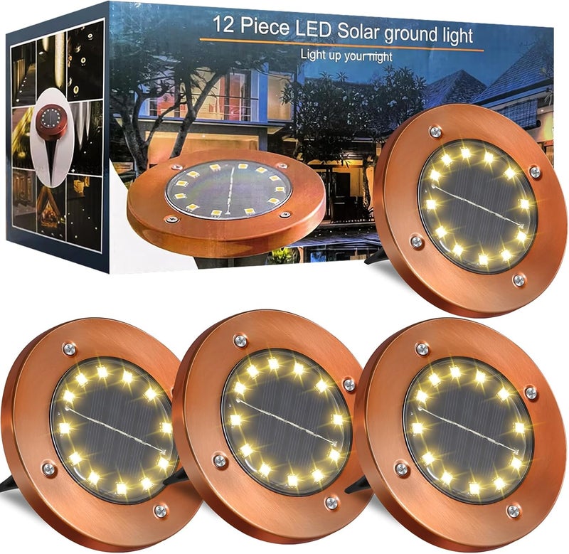 JKIMK Solar Ground Lights Outdoor Waterproof Flat Garden Solar Disk Lights Outdoor Floor Lights 12 LED 4 Pack for Garden Patio Pathway Landscape Driveway Yard Path Decor - Image 1